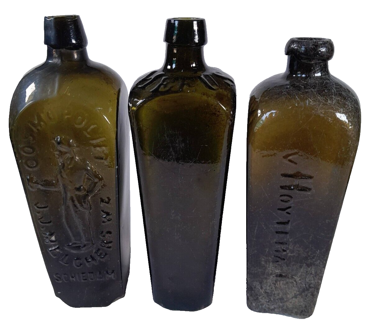 LOT #12 PICTORIAL / EMBOSSED DUTCH Case gin set of 3 bottles 1850's ---  1900's!