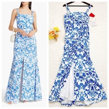 CAROLINA HERRERA Maxi Dress New Bluebell Floral Square Neck Size 6 140cm