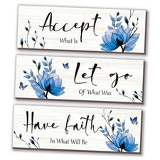3 Pcs Bathroom Decor Rustic Flower Wall Art Accept Let Go Have 12 x 4 Inch Blue