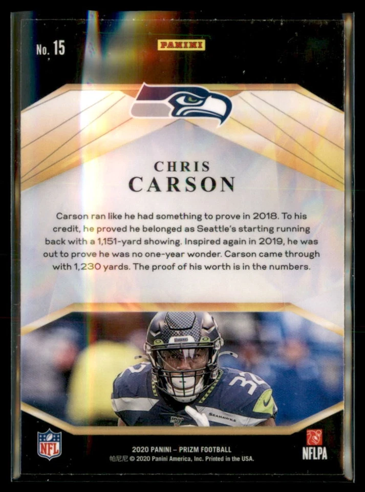2020 Panini Prizm Football Chris Carson Seahawks 15 Brilliance - Image 2 of 2