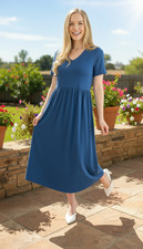 Women's casual dress short sleeve midi length with pockets navy blue size 10-32