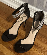 Nina Black High Heel Open Toe Zip Ankle Strap Rhinestone Size US 9.5 M EUR 39.5