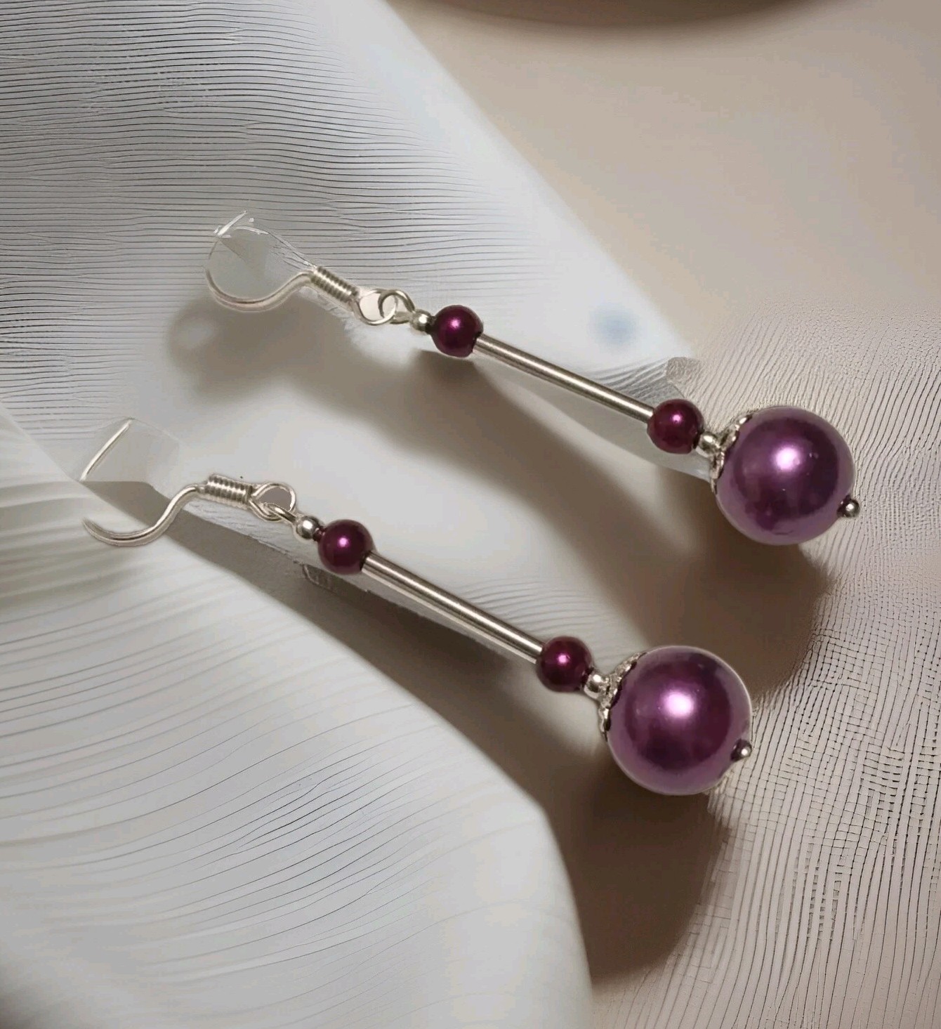 Purple Glass Pearl Drop Earrings with Silver Plated Finish