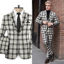 Classic Plaid Men Suit Notched Lapel Single Breasted Autumn Winter Casual Party