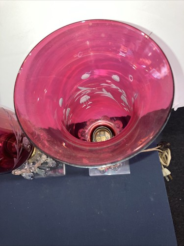 Set Of 2 Large 16” Height Crystal Prism Boudoir Lamps, Cranberry Hurricane Glass - Picture 8 of 12