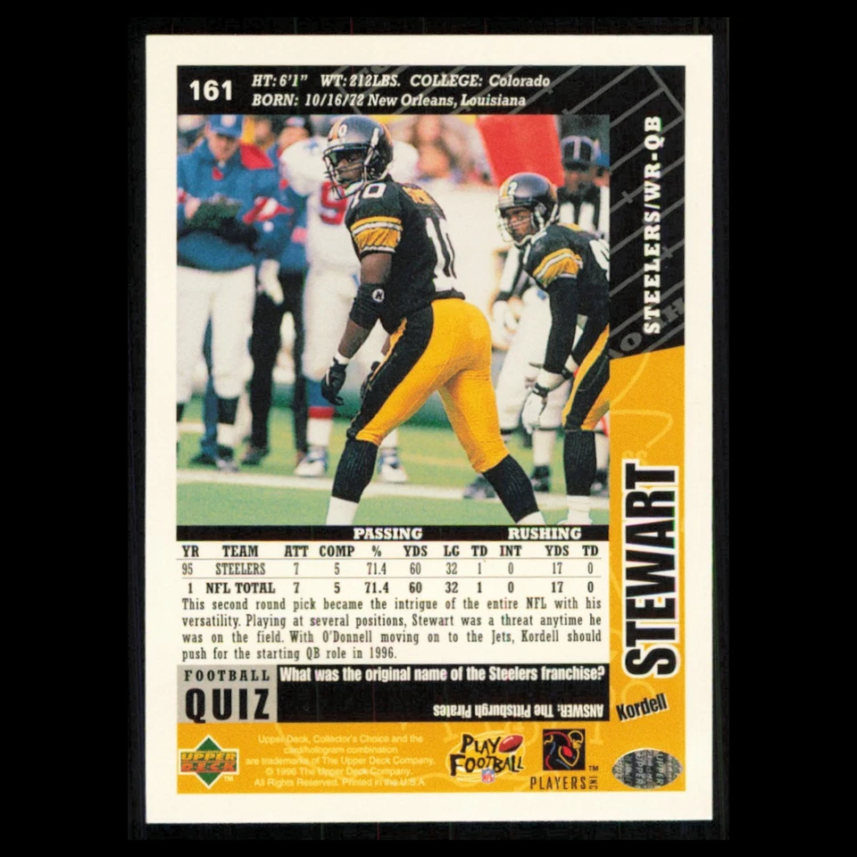 Kordell Stewart #161 1996 Collectors Choice Pittsburgh Steelers Football Card NM - Image 2 of 3