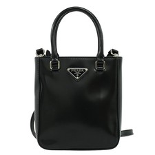 PRADA Small Brushed Tote Leather 2way Shoulder Handbag Crossbody Black Italy