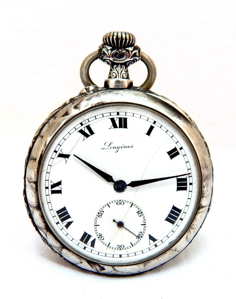 Pocket Watch LONGINES Dial Porcelain Art Nouveau Case Silver 48mm 1905c  Working