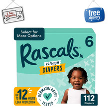 Rascal Premium Diapers, Size 6 33-44 lbs , 112 Ct, Ultra-Absorbent, Leak-Proof
