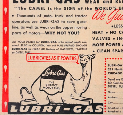 1948 Lubri-Gas Motor Fuel Advertisement Automobilia Oil Lubrication Camel F17L