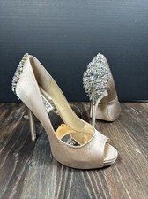 Badgley Mischka Crystal Embellished Designer Heel Women 7m Beige Satin WORN ONCE