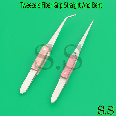 2 Fiber Grip Tweezers 6-1/2" Bent & Straight Tip Cross Lock Tweezer Self Closing