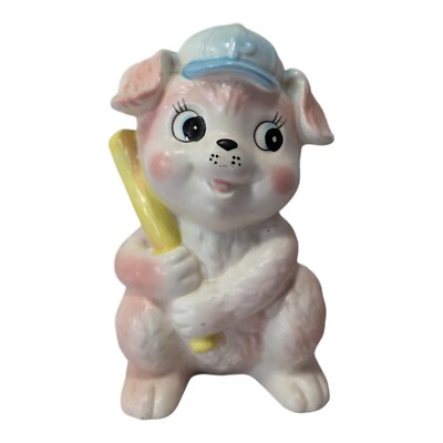 Vintage Inarco E4076 Puppy Dog Baseball Player Ceramic Planter Japan Pink Blue