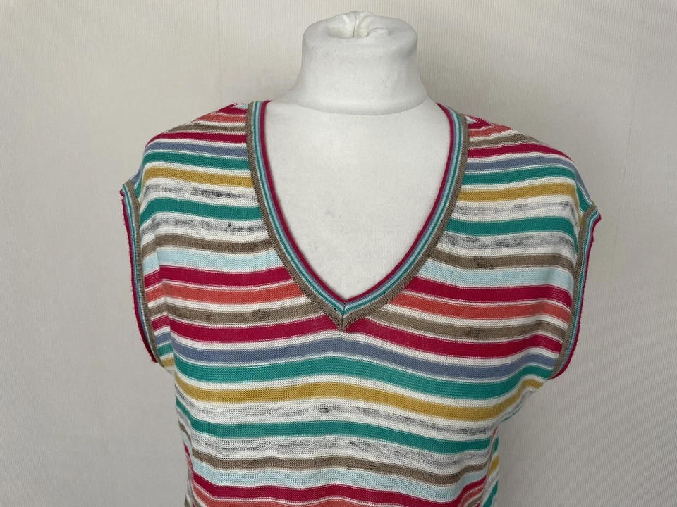 M&S Multicolour Stripe Fine Knit Sleeveless Jumper Top Size 10 VGC Cotton Linen  - Image 2 of 4