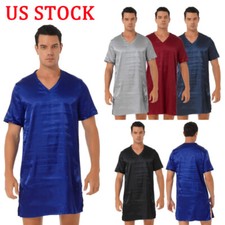 US Mens Silk Satin Nightshirt Short Sleeve V Neck Pajamas Tops Sleepwears