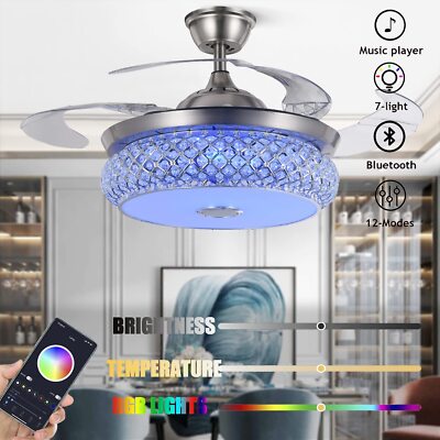 42'' Bluetooth Chandelier Crystal Ceiling Fans 7-Color LED Light w/Music Player