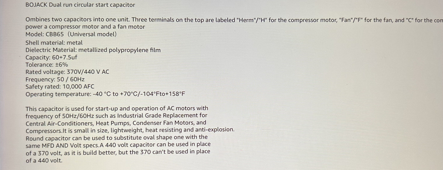BOJACK 60+7.5 uF 60/7.5 MFD ±6% 370/440 V CBB65 Dual Run Circular Capacitor AC