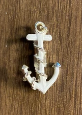 Vintage White Enamel Anchor Mini Gold Tone Pin Brooch 1"