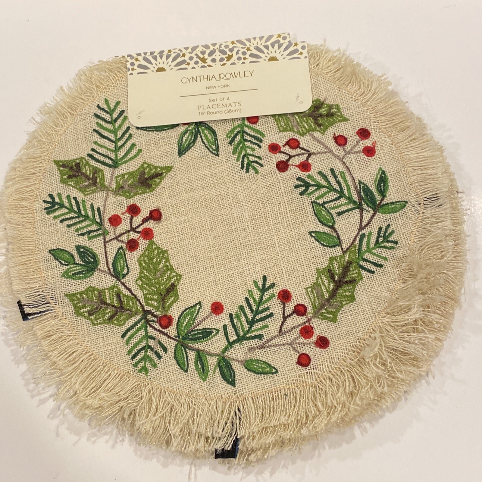 Cynthia Rowley Christmas Holiday Jute Placemats Set of 4 Holly Wreath