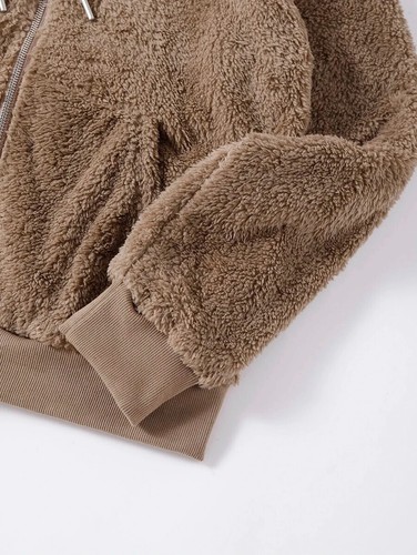 Chaqueta de peluche marrón con capucha bolsillo inclinado cordón con cremallera para mujer talla 8/10 (L) - Imagen 4 de 5