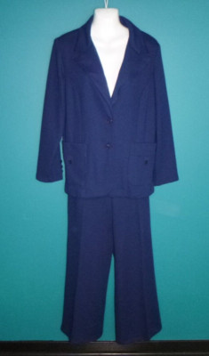 NOS Vtg 70s Beeline Poly Pantsuit Navy BLue Blazer Wide Leg Pants Sz XL/XXL