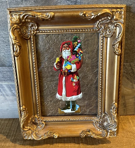 Beautiful VTG Custom Made/Framed Christmas Holiday Santa Paper Decorative Art