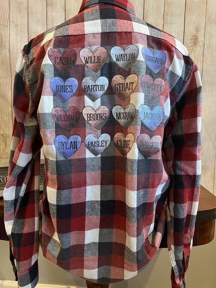 Bleached Button Up Shirt Country Music Legends Hearts Johnny Cash