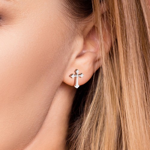 Gothic Crucifix Cross Sterling Silver 925 Stud Earrings - Picture 2 of 6