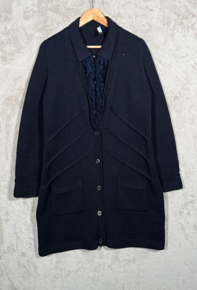 Salvadore Ferragamo Knit Cardigan Coat Sweater Womens Size XL Navy Ruffle - Image 2 of 4