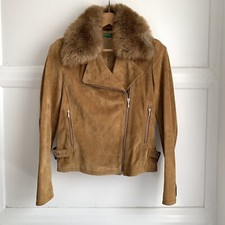 Benetton Suede Leather Biker Jacket Womens Uk 10 Tan Removable Faux Fur Collar