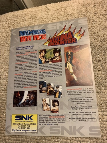 Neo New Hot Picks Kizuna Encounter 11- 8.5''  neo geo ARCADE video GAME FLYER