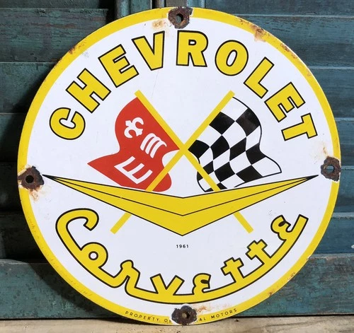 VINTAGE 1961 DATED CHEVROLET CORVETTE DEALER  10” PORCELAIN SIGN
