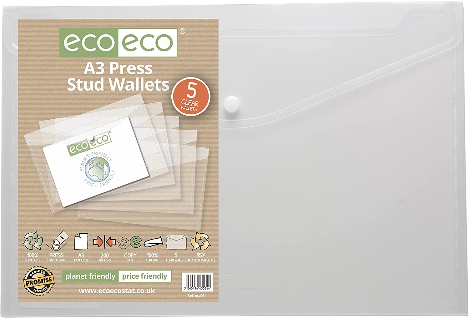 eco eco A3 Clear Recycled Press Stud Wallets Envelope Folders Home Office 5 Pack