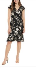 London Times Black Midi Dress with Floral Pattern Size 4