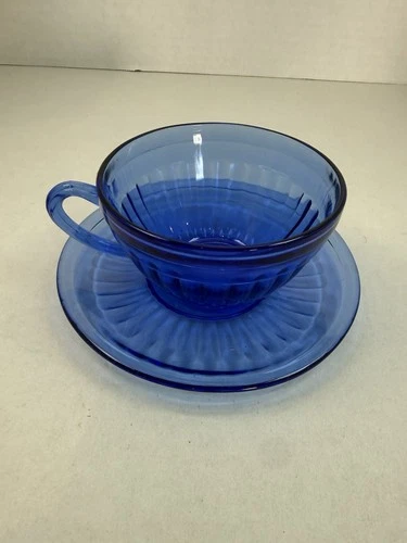 Hazel Atlas Cobalt Blue Aurora Cup and Saucer Set  Depression Glass
