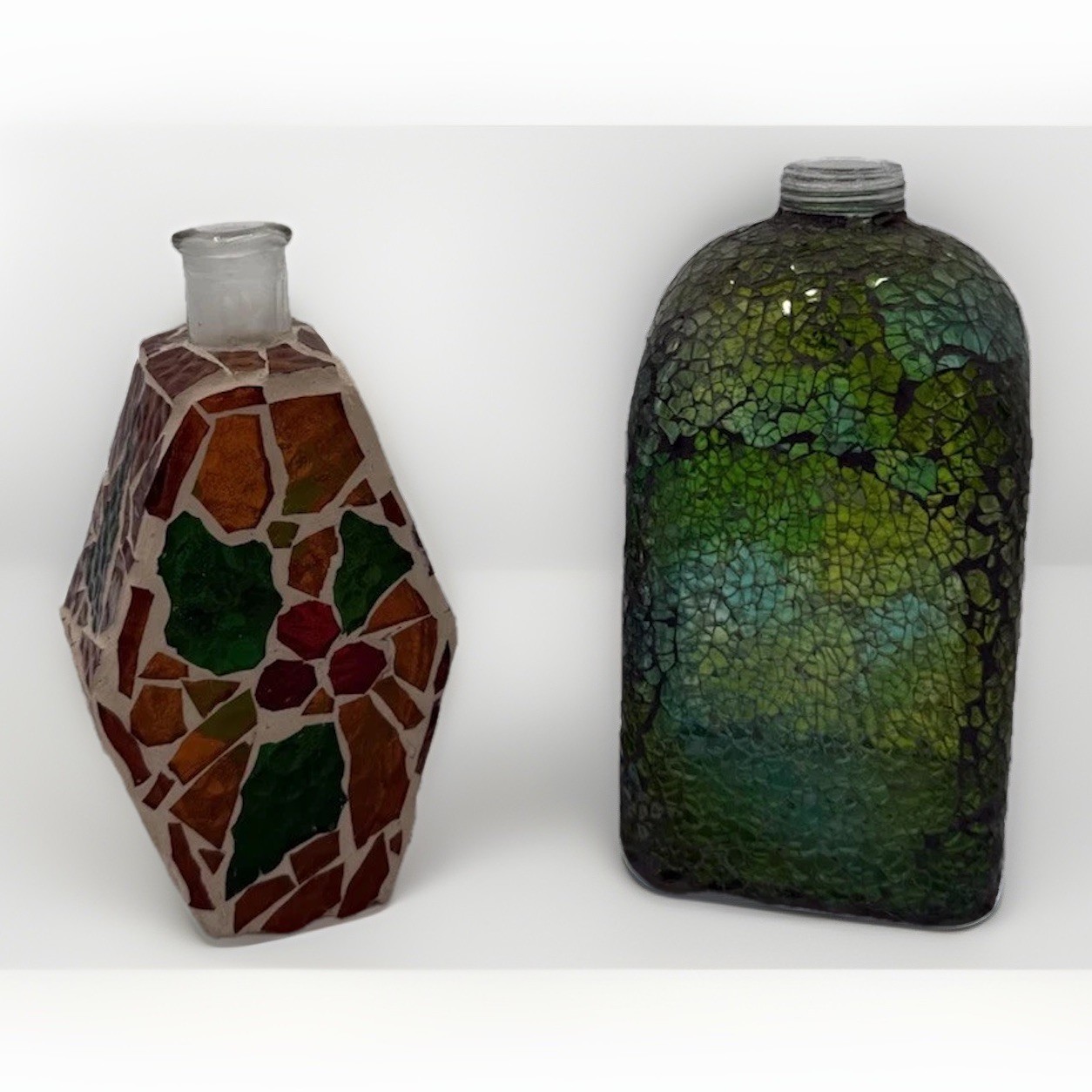 Mosaic Glass Bottle Set 2 Crackle Green & Floral Boho Decor