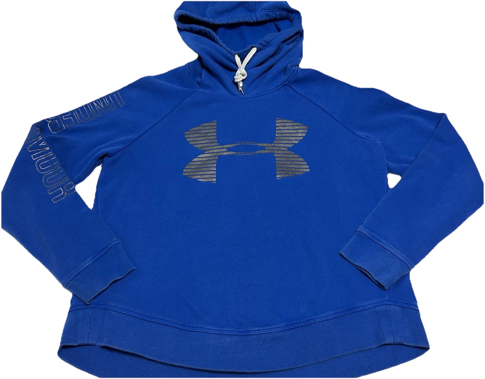 Under Armour Women’s Fleece Loose Fit Big Metallic Gray Logo Hooded Sweatshirt L thumbnail 4