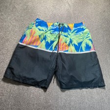 ACX Swim Shorts Mens L Tropical Palm Black Mesh Lined Drawstring Zipped Pocket