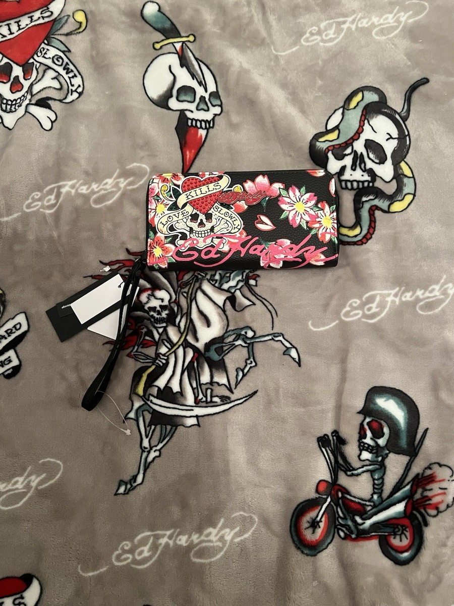 Ed Hardy Zip Around Wallet Wristlet Love Kills Slowly Multi
