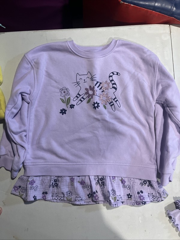 Wonder Nation Girls Cat & Flower Print Relaxed Fit Sweatshirt/pants, Sz Md(8)