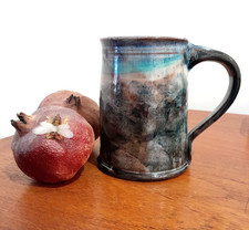 Hand thrown studio pottery mug + dramatic rich nature inspired abstract design