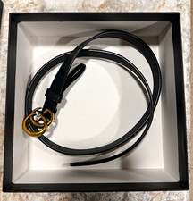 Gucci Black Leather Skinny Belt Gold Double G Logo Buckle