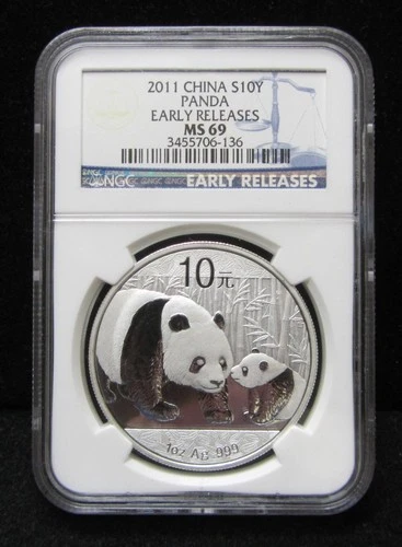 2011 CHINA 1 OUNCE SILVER PANDA -  S10 YUAN - EARLY RELEASES - GRADED NGC MS 69