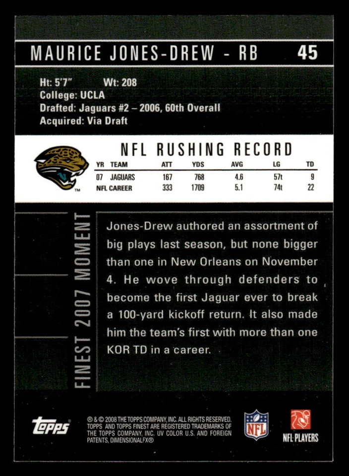 2008 Finest #45 Maurice Jones-Drew Card Jacksonville Jaguars - Image 2 of 2