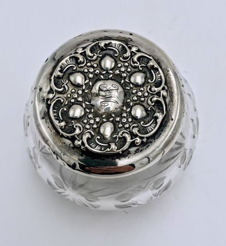 Barattolo comò vintage in cristallo taglio 3" - coperchio sterling monogrammato 'FM' - A36870 - Foto 2 di 5