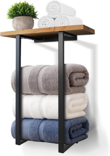 Towel Racks For Bathroom Wall Mounted Metal Towel Holders With Wooden Shelf - Picture 2 of 3