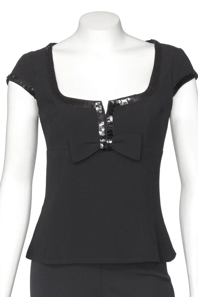 Nanette Lepore Black Tailored Cap Sleeve Top Blouse Shirt w/ Sequin Trim sz M - Image 2 of 4