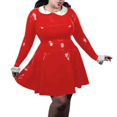 Shiny PVC Leather Long Sleeve Mini Dress Peter Pan Collar High Waist Dress
