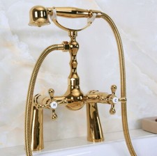 Golden Brass Deck Mount Bathroom Hand Spray Shower Faucet Set Mixer Tap 2na148