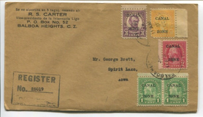 Carter's Note CANAL ZONE 97-99 PERF 10 SET ON REGISTERED COVER WITH SIGNED CARTER ...